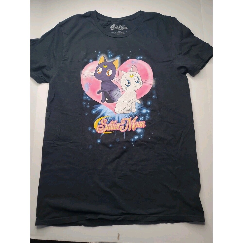 Sailor Moon  New Adult T-Shirt - Luna and Artemis in front of Pink Heart Large